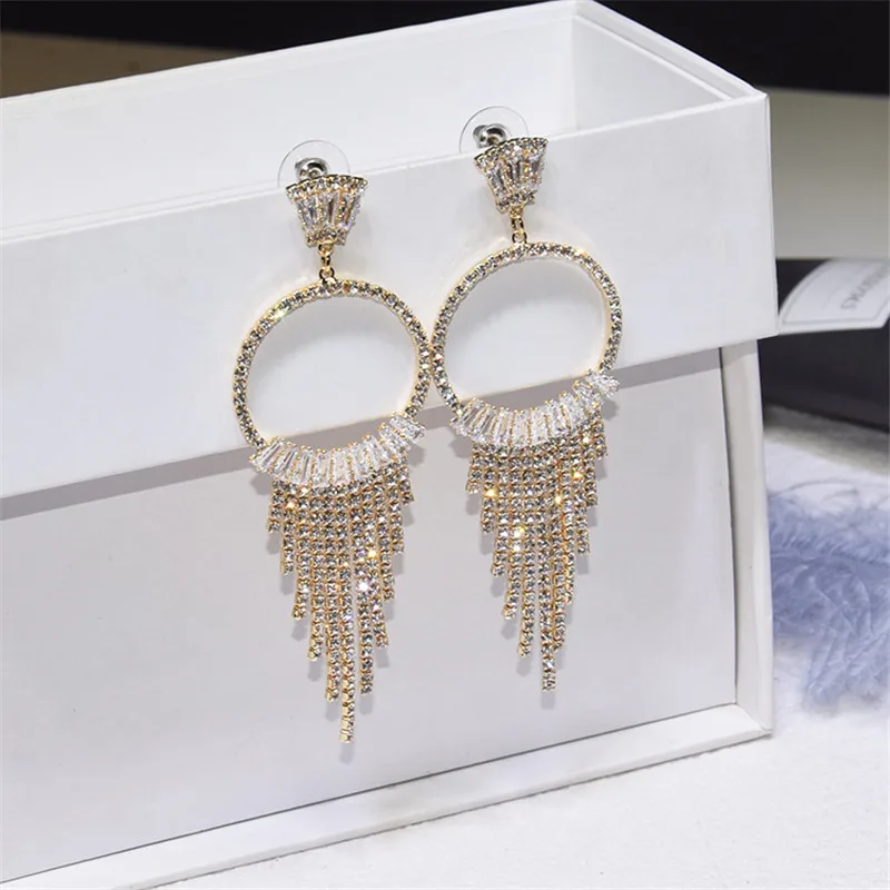 Ajoдрагоценность Bling Кристалл Циркон длинная цепочка кисточкой Висячие серьги Круглый Круг для женщин Роскошные Длинные серьги вечерние ювелирные изделия Bijoux