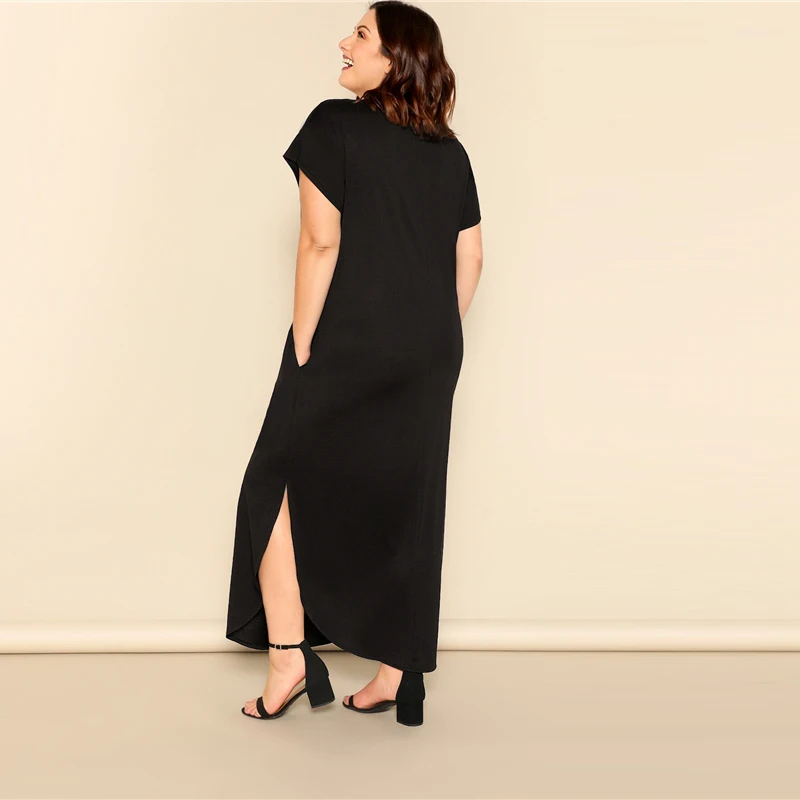 SHEIN, платье макси размера плюс, черное, с косым карманом, M-Slit Hem,, женское летнее Повседневное платье с карманами и v-образным вырезом, с коротким рукавом, однотонное, длинное, Dreeses