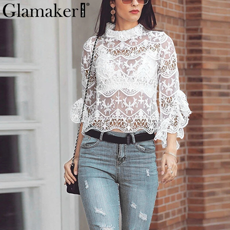 Женская прозрачная блузка Glamaker белая с длинным рукавом и кружевной