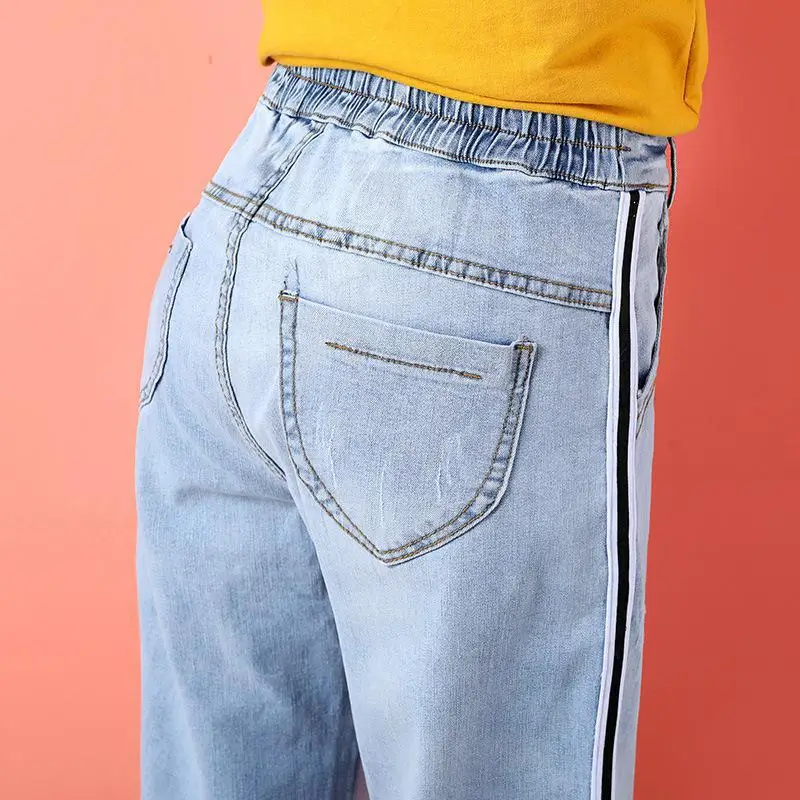 Женские свободные широкие джинсы с эластичной резинкой на талии женские брюки до