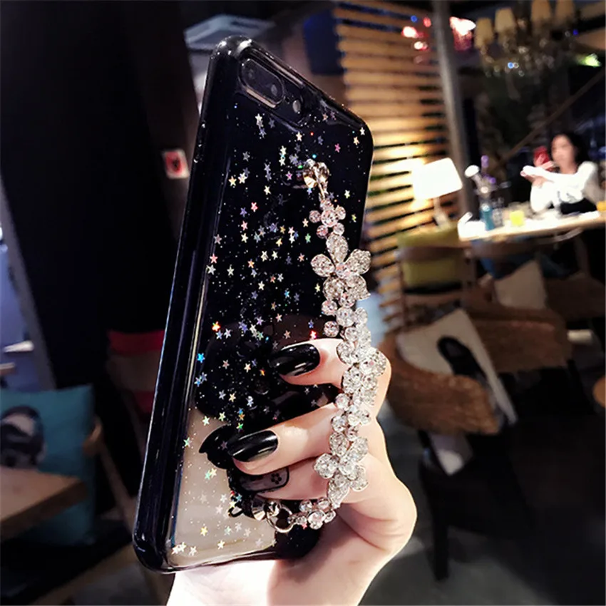 LaMaDiaa Bling Star черный блестящий чехол для телефона с цветочным браслетом iPhone Xs Max 7 8