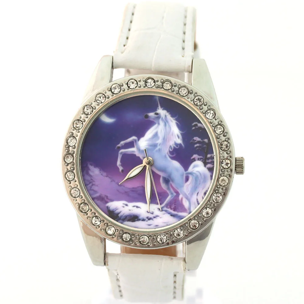 White Часы Lucky White Horse для девочек, женские часы с мультяшными животными, аналоговые кварцевые часы с кристаллами и бриллиантами, кожаные студенческие наручные часы, подарки L36B - Цвет: White