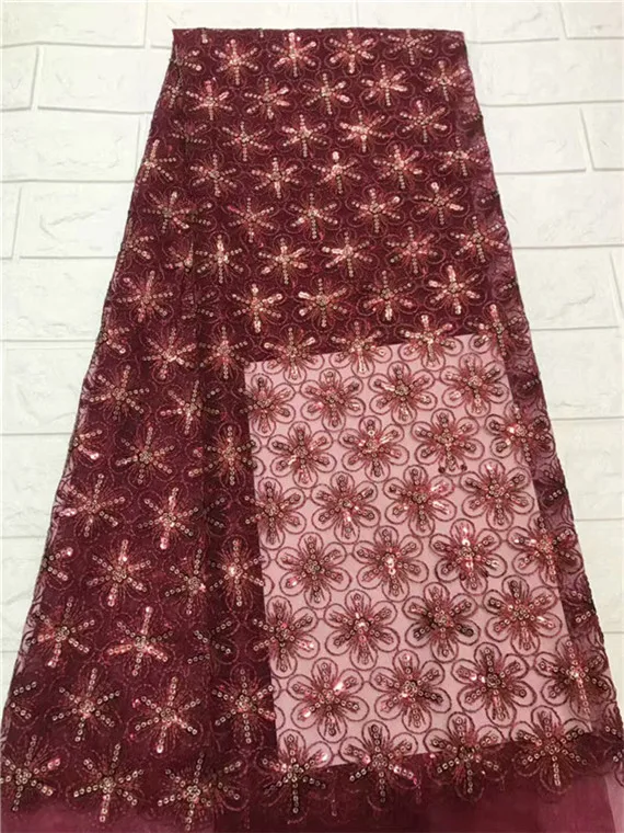 2019 high quality French Nigerian sequins net lace African tulle mesh sequence fabric for party dress 5yards/lot wine green | Дом и сад