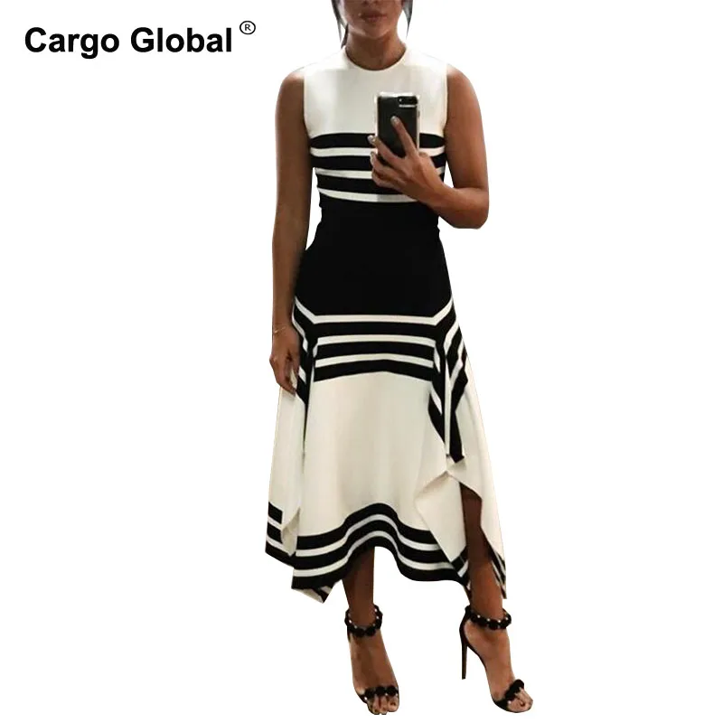 2019 летнее Повседневное платье в черно-белую полоску без рукавов женское с