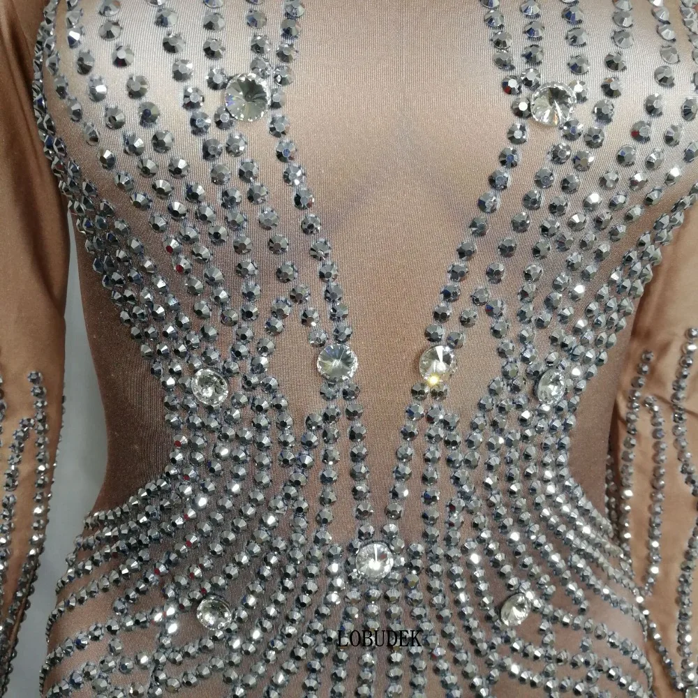 Женский Облегающий комбинезон серебристые стразы телесного цвета Стрейчевые