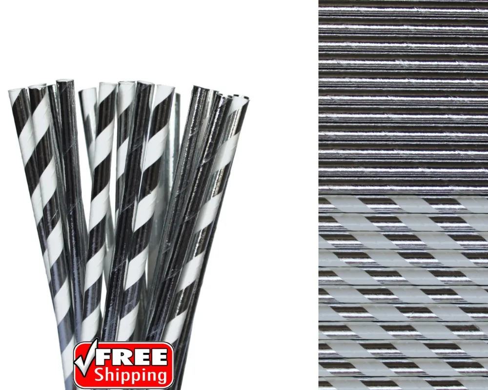

200 шт., Разноцветные бумажные соломинки из металлической серебряной фольги в полоску