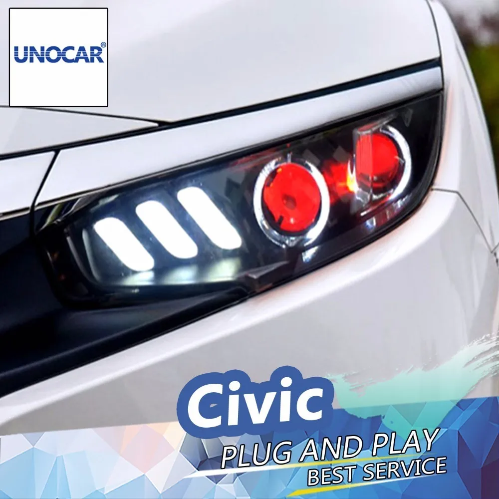 UNOCAR автомобиля для укладки Honda CIVIC X 10th 2016 2017 фара светодиодный фар красный Ангел