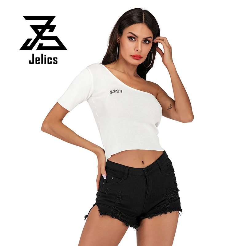 Женская однотонная белая футболка с косым воротником и коротким рукавом | одежда