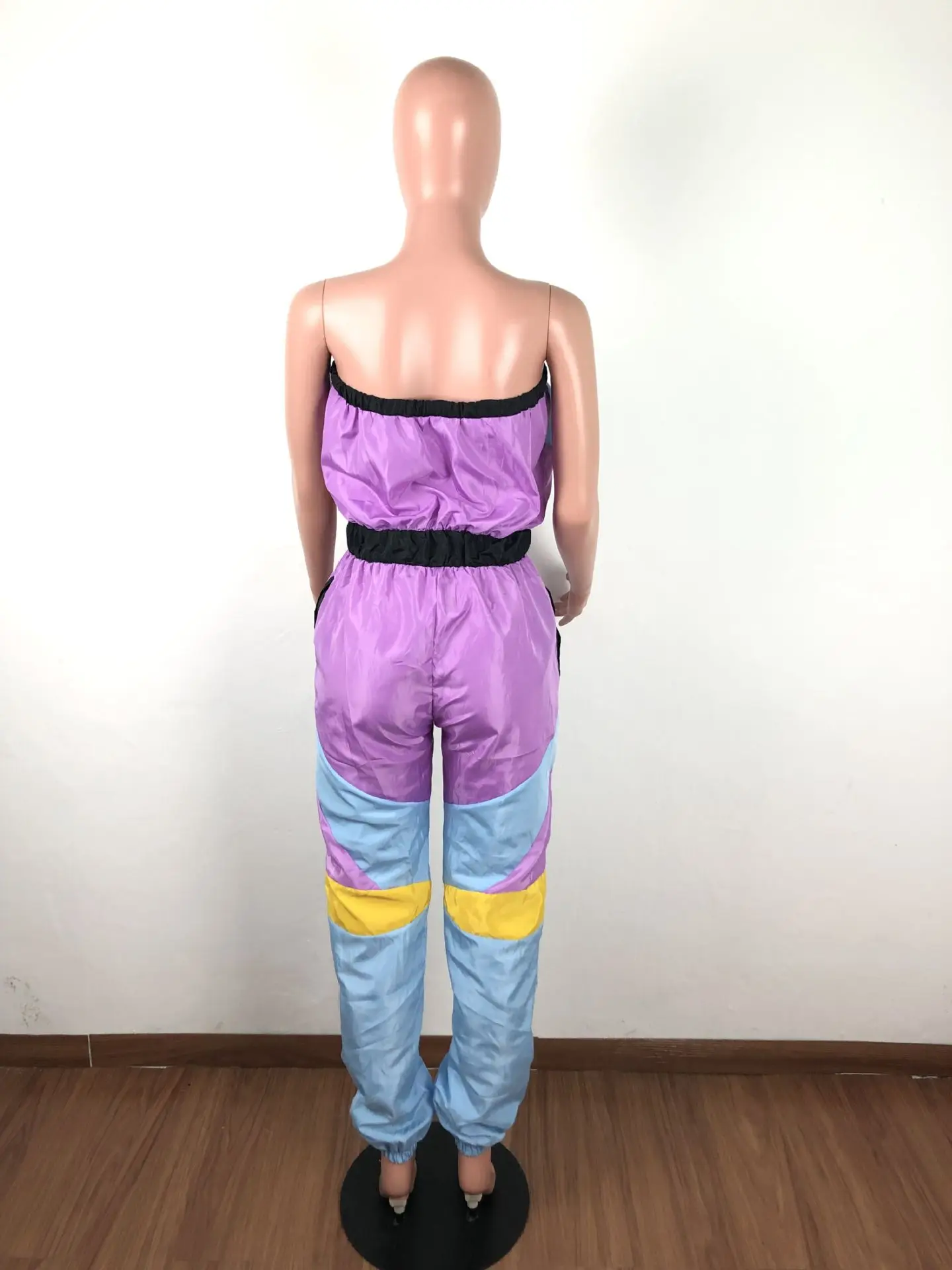 

HAOOHU Color Patchwork Off Shoulder Strapless Sexy Jumpsuit Women Summer Rave Clothes Bodysuits Streetwear Rompers Overalls