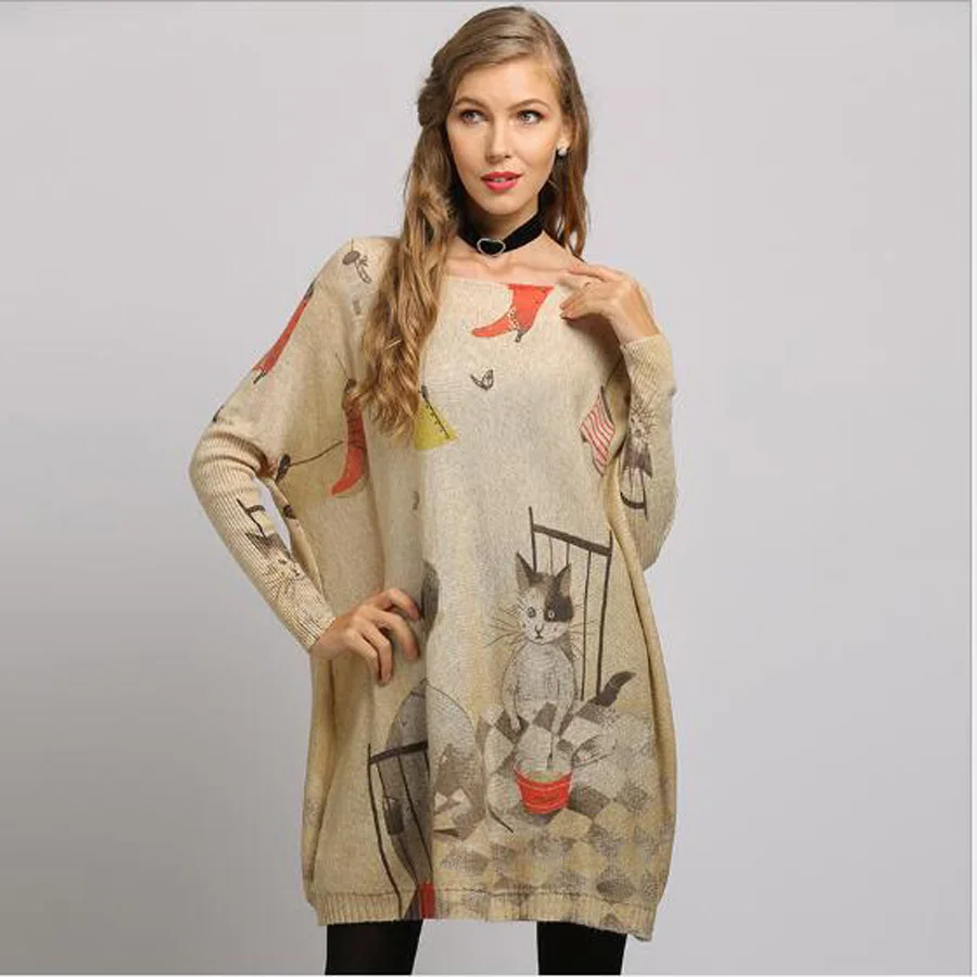 2019 New Regular Boy Cat Print Woman Sweater Oversize Long Batwing Sleeve Pullovers O-Neck Knitted Fashion Casual Clothes | Женская