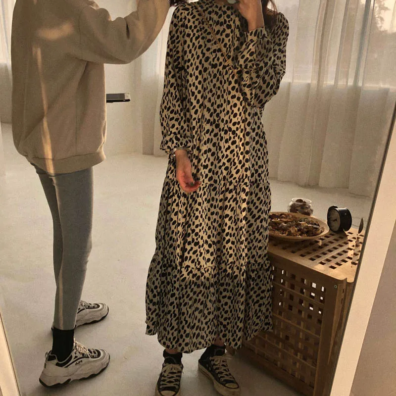 Женское платье с длинным рукавом WIXRA весенне-осеннее принтом в горошек и