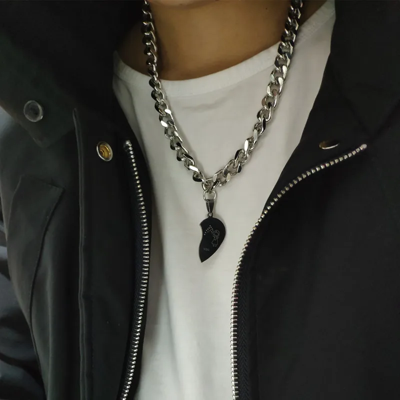 

2019 Rock Style Lover Heart Stainless Steel Necklace Gun Black Silver Metal Thick Chain Necklace Boyfriend Lovers Gift