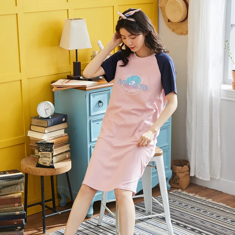 Женская ночная рубашка из 100% хлопка с коротким рукавом и круглым вырезом большие