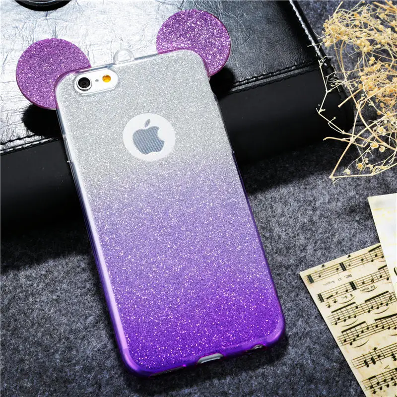 Shiny Soft TPU Phone Case For iPhone 6 6S 6Plus 6sPlus Cute 3D Mouse Ears Glitter Powder Gradient Colors Back Cover Hang Rope |