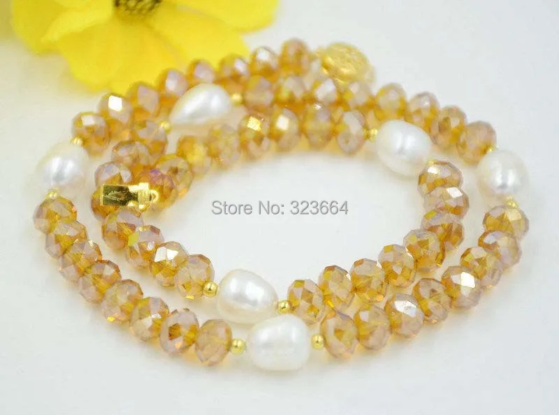

8mm yellow faceted crystal white rice pearl necklace 18inch