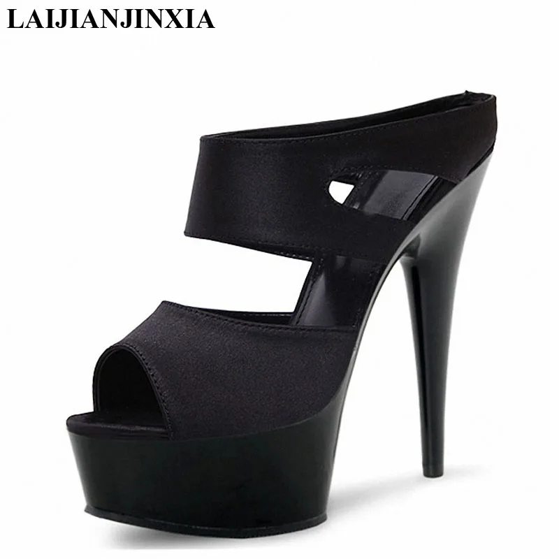 

LAIJIANJINXIA New For Women 6 Inch High Heel Fashion Strappy Platform Slipper Black Women's slippers Sexy Dance Shoes H-052
