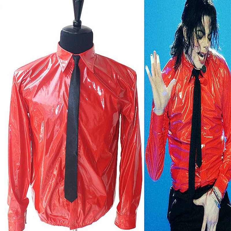 Фото MJ In Memory of Michael Jackson Red Thin Shirt PU Leather Dangerous Jam Magic Tape VEL-CRO Shirt  Tie For Dancer Quikly Change №1