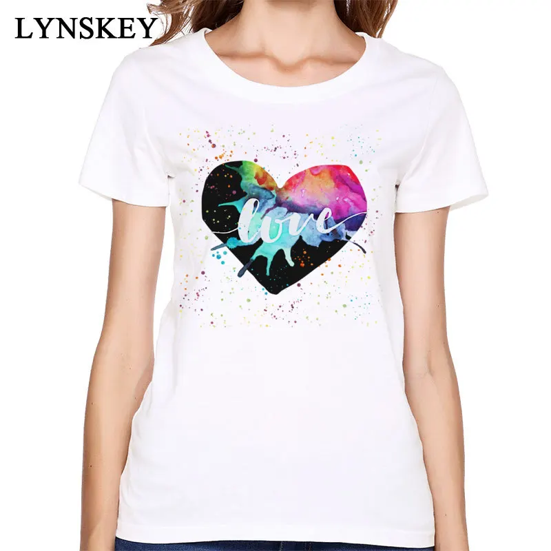 

Blue T-shirt Women Cotton Tops Fashion Letter Design O-Neck Short Sleeve Summer Clothing Rainbow Heart Love Watercolor Splash