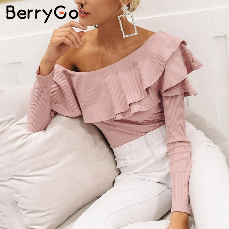 BerryGo, на одно плечо, с оборками, вязанная блузка, рубашки,, сексуальная, тонкая, осенняя блузка, топы для женщин, на каждый день, с длинным рукавом, blusas, топы для женщин