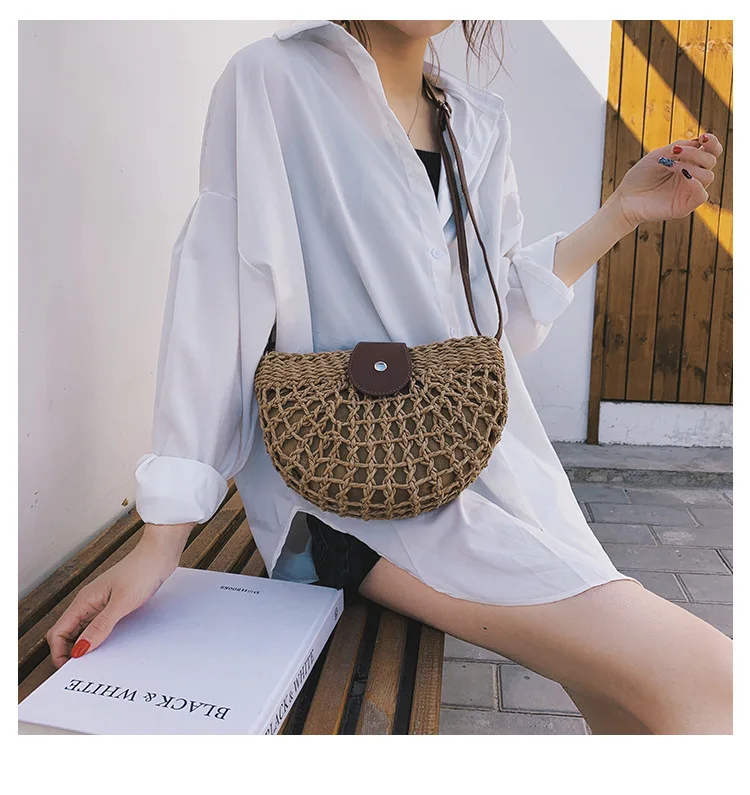 

Women 2019 Summer New Hollow Semi Circle Straw Bag Fashion Shoulder Leisure Beach Bag Shoulder Strap Messenger Women Bag LCY031
