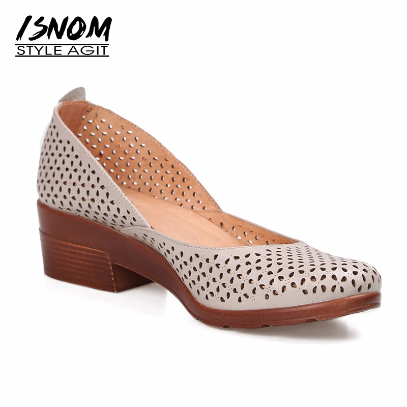 Женские туфли лодочки на толстом каблуке ISNOM повседневная кожаная обувь с