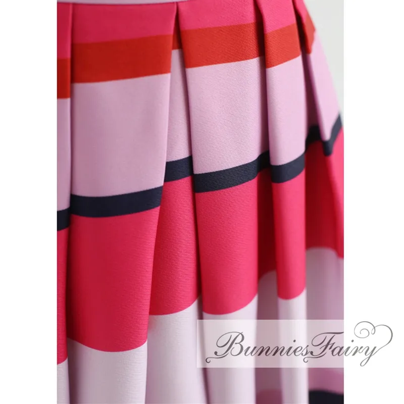 BunniesFairy Autumn Hepburn 1950s 60s Vintage Retro Stayin' Alive Colorful Pink Stripes Geometric Print Pleated Midi Skirt