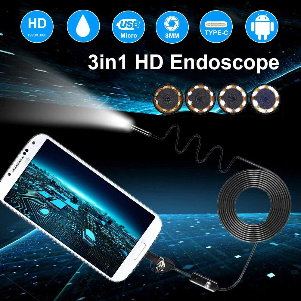 

1080P HD Android Endoscope Camera 8mm 2MP USB USB Borescope Tube 1M 2M 5M Snake Mini Cameras Micro Camera 8 Leds for Android PC