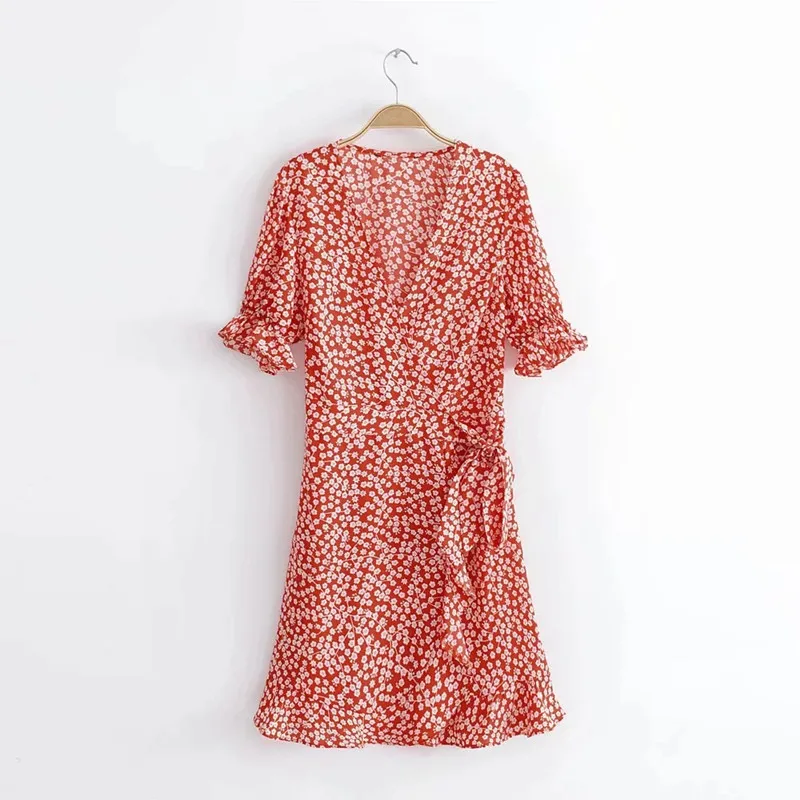 YSMILE Y Women Summer Sexy Print Dress V-Neck Tie Up Short Sleeve Mini Dress Red Female Daily Holiday Casual Dress For Lady HY26