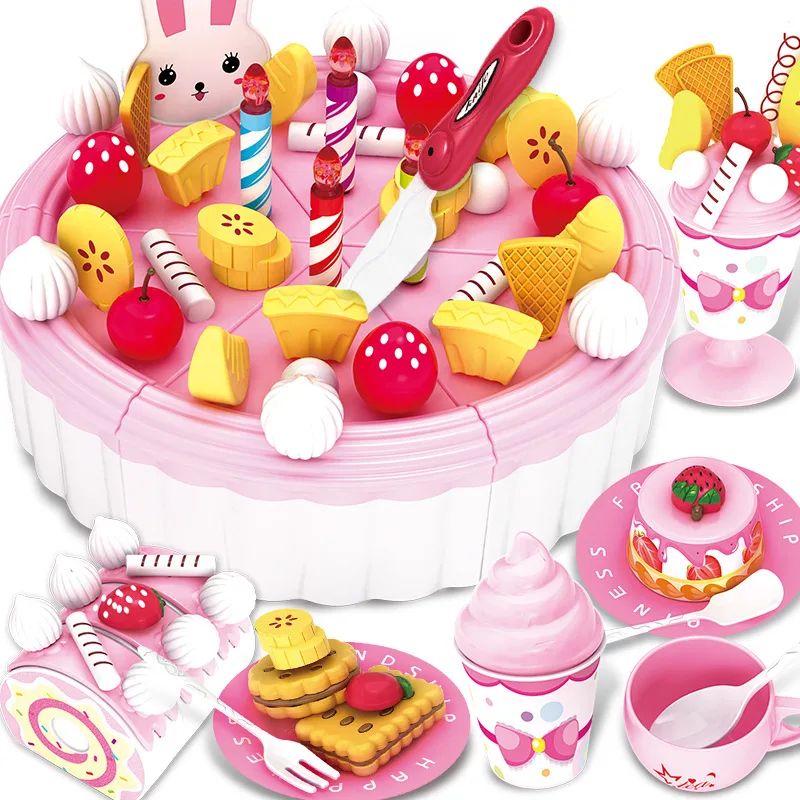 Newest 103Pcs DIY Pretend Play Fruit Cutting Birthday Cake Kitchen Food Toys Toy Pink Blue Girls Gift for Children | Игрушки и хобби