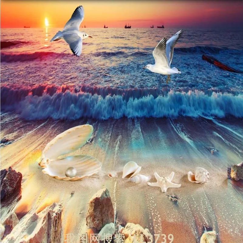

Free Shipping Beautiful beach shell pearl conch 3D flooring painting kitchen living room floor wallpaper mural