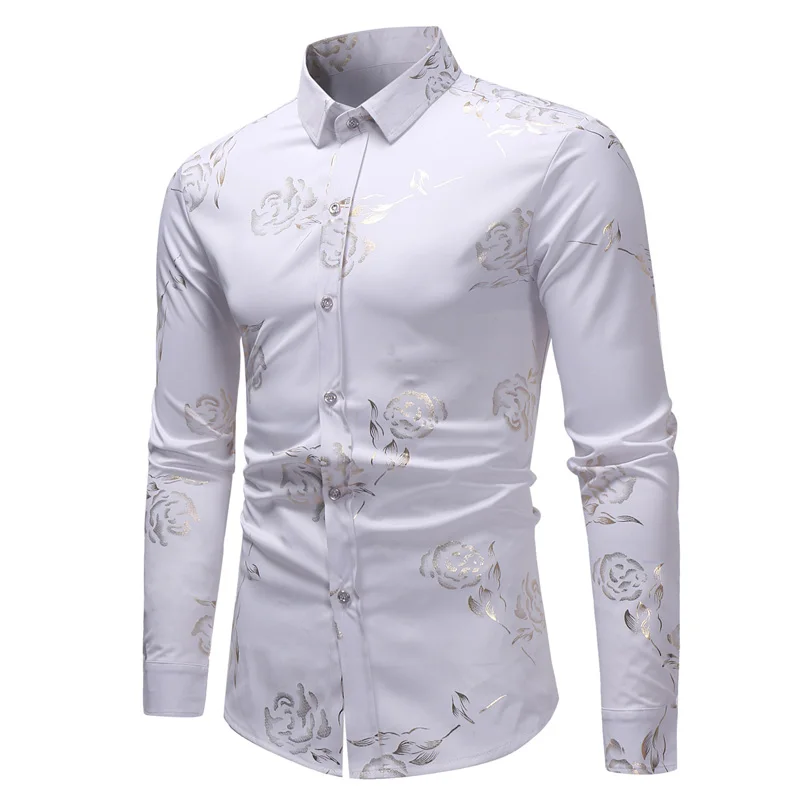 Новинка, мужская рубашка с цветочным принтом, приталенная, Chemise Homme,, роскошная, брендовая, с принтом розы, Мужская одежда, рубашки, Camisa Social Masculina
