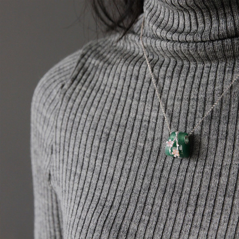 

Lotus Fun Moment Real 925 Sterling Silver Natural Stone Creative Fashion Jewelry Vintage Plum Flower Pedant without Necklace