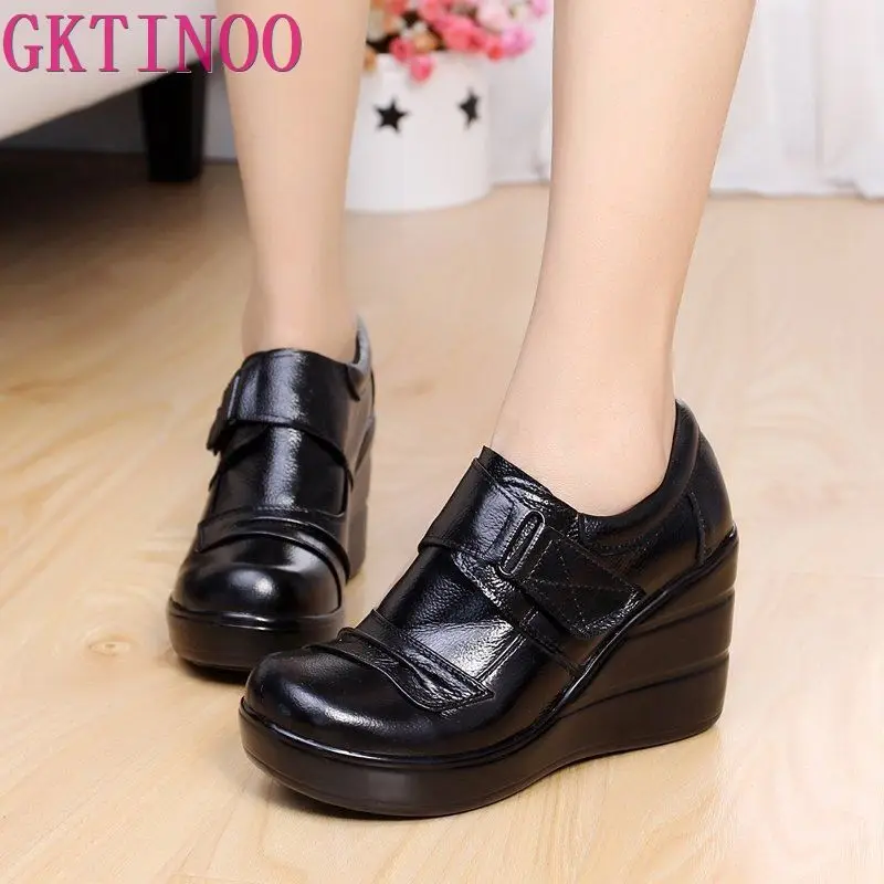 Тонкие туфли из натуральной воловьей кожи на платформе с глубоким мысом весну и
