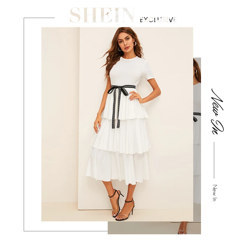 SHEIN Элегантное Длинное Платье с контрастной завязкой на талии, с многослойной оборкой, с высокой талией, женское летнее однотонное офисное платье трапециевидной формы, Платья для вечеринок