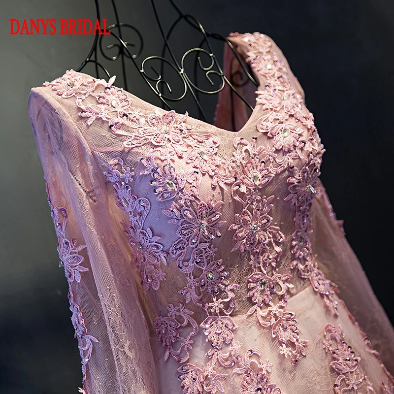 Розовые кружевные вечерние платья с длинным рукавом трапециевидной формы для