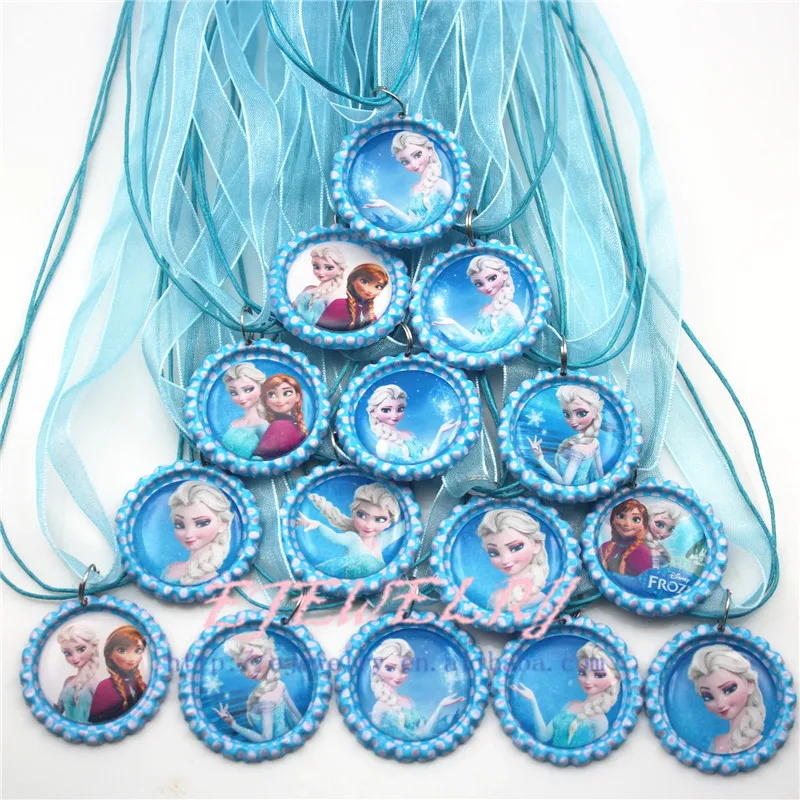 Set of 15 - Great Party chunky necklaces Themed Elsa Anna Bottle Cap Blue Ribbon Necklaces RB034 | Украшения и аксессуары