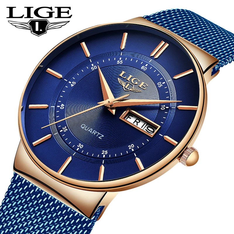 Мужские наручные часы LIGE повседневные кварцевые с синим сетчатым ремешком
