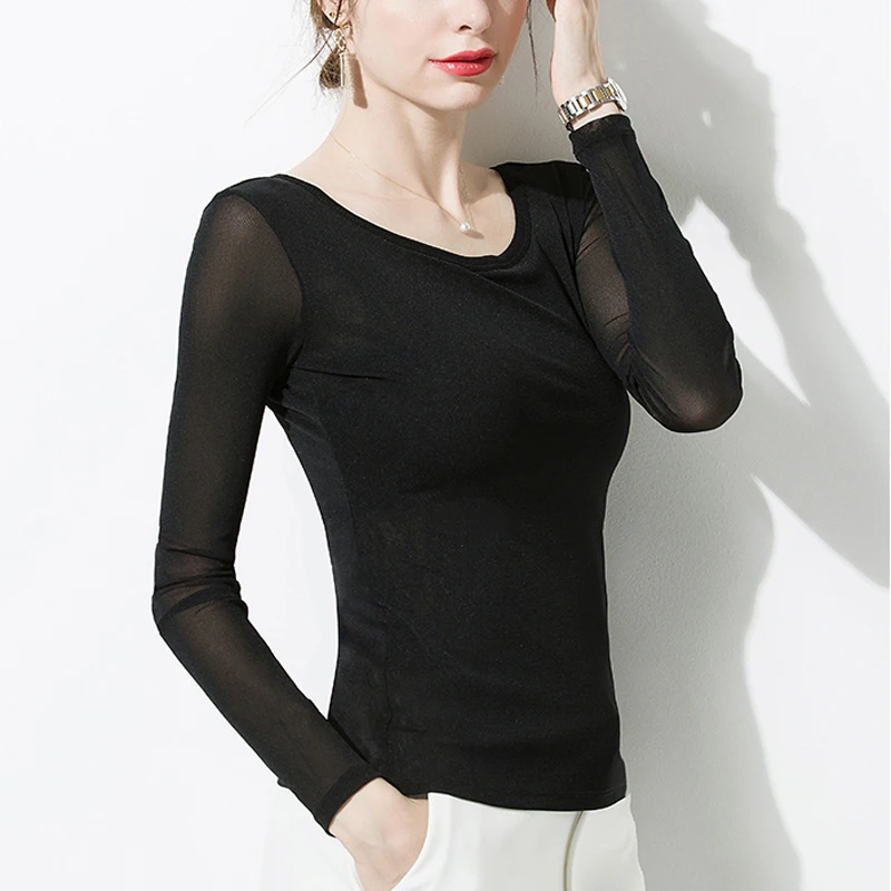

Sexy Women Black Sheer Net Shirt O-neck See Through Transparent tops Slim Long Sleeve Mesh Tops Double layer for Ladies shirt