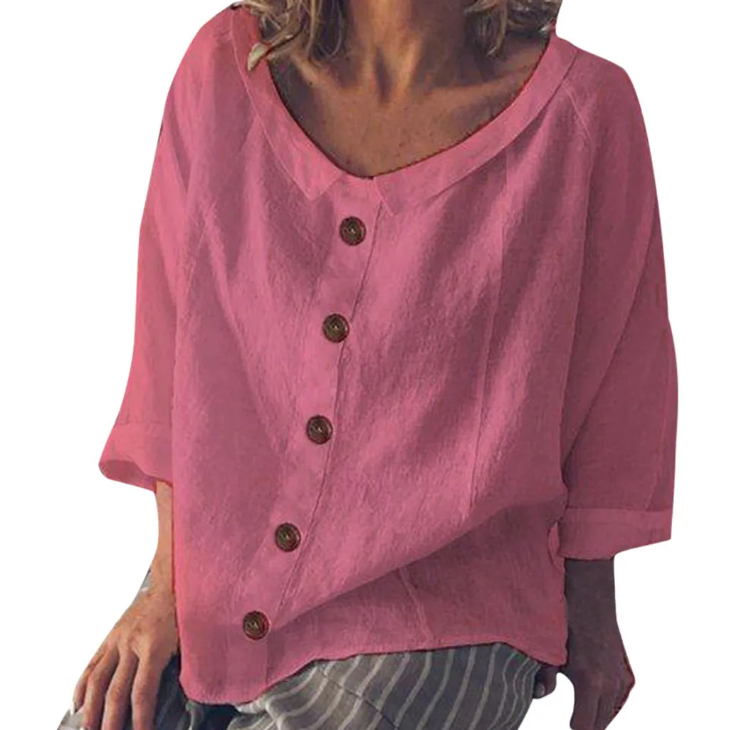 Блузка женская хлопково-льняная на пуговицах Повседневная рубашка с круглым