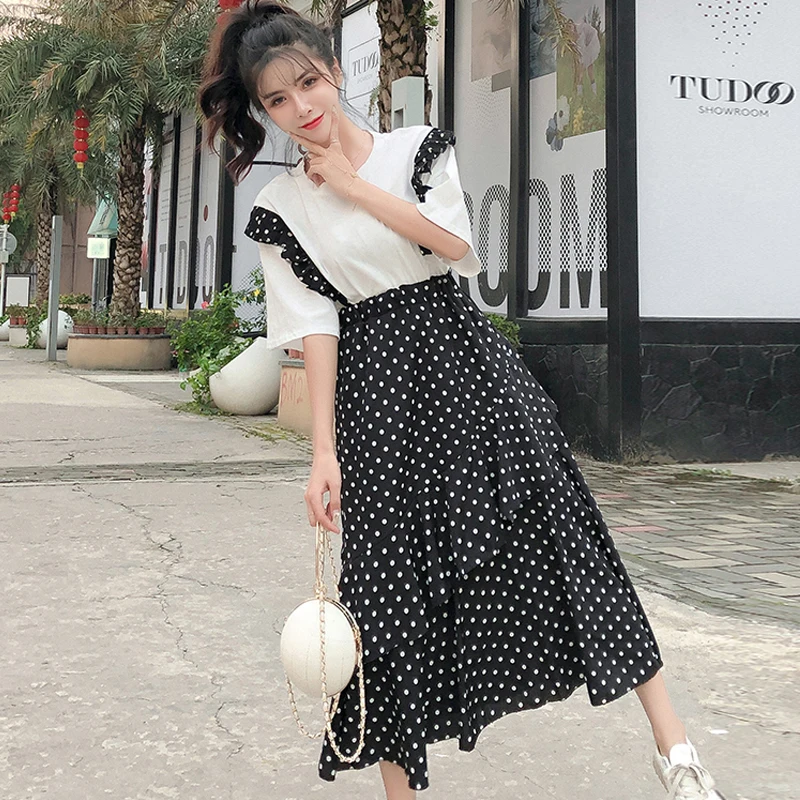 Женское летнее платье в горошек с оборками костюм Белый Топ элегантный дизайн