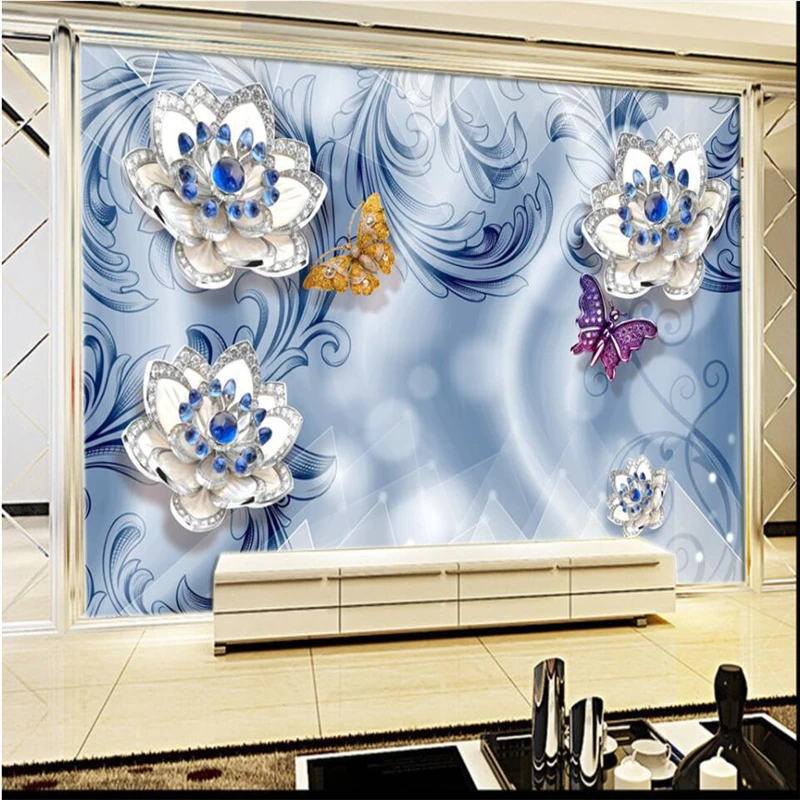 Обои на заказ синие и белые фарфоровые рельефные цветы украшения фоне стены