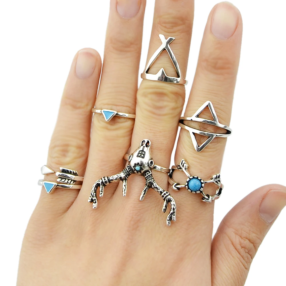 7pcs/set Gothic Style Rings Set Antique Silver Color Jewelry Bijoux Blue Stone Deer Triangle Geometric Midi Ring Anel | Украшения и