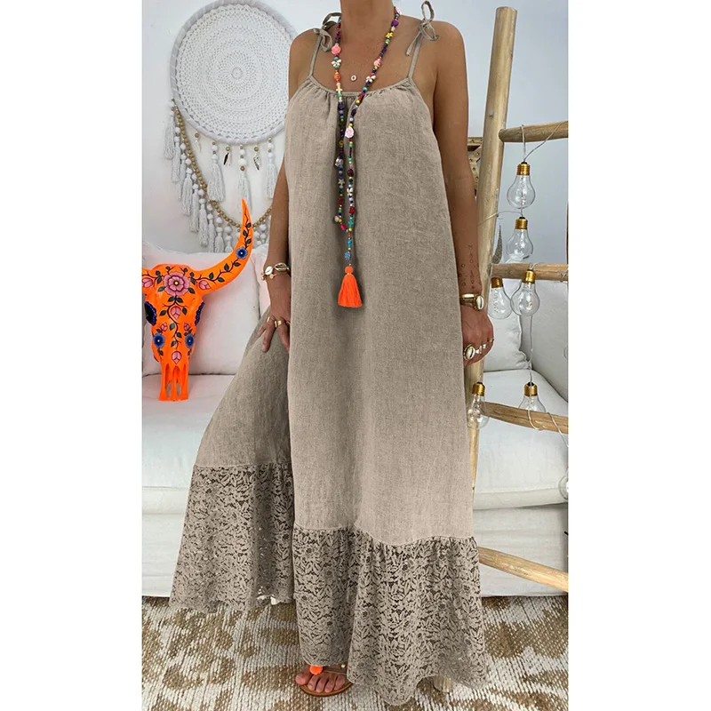 Открытая спина кружево лоскутное Подол Макси платье женское straphetti ремень летнее