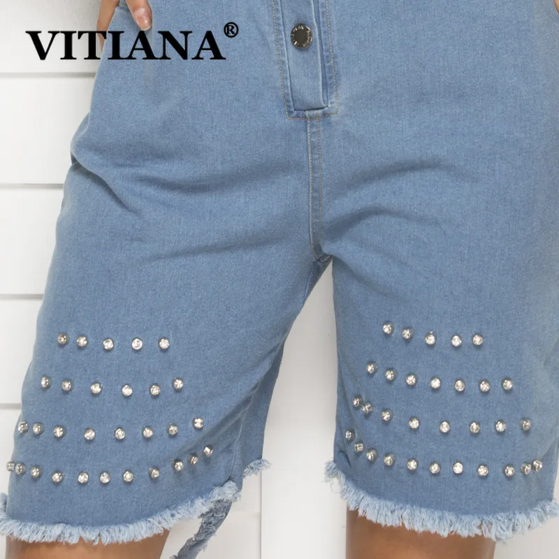 VITIANA Women Casual Denim Playsuits Summer 2019 Female Short Sleeve Pockets Buttons Hollow Out Playsuit Streetwear Rompers|Комбинезоны c