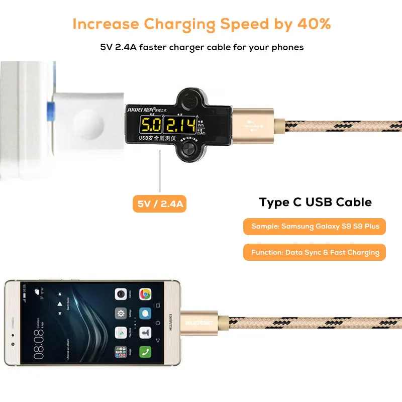 USB Type C кабель SUPTEC 5 упаковок 2 м 3 для Samsung S9 S8 Note 9 2.4A зарядный быстрой зарядки Huawei