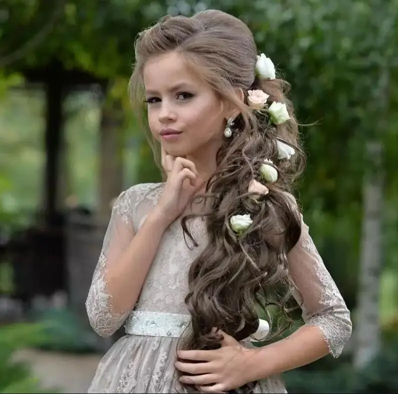 A-Line платье с цветочным узором для девочек свадеб кружевное круглым вырезом