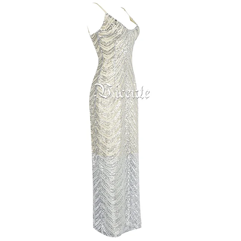 VC HOT 2020 New Chic Sequins Embellished Sexy Spagehtti Strap Mesh Splicing Celebrity Party Slip Dress | Женская одежда