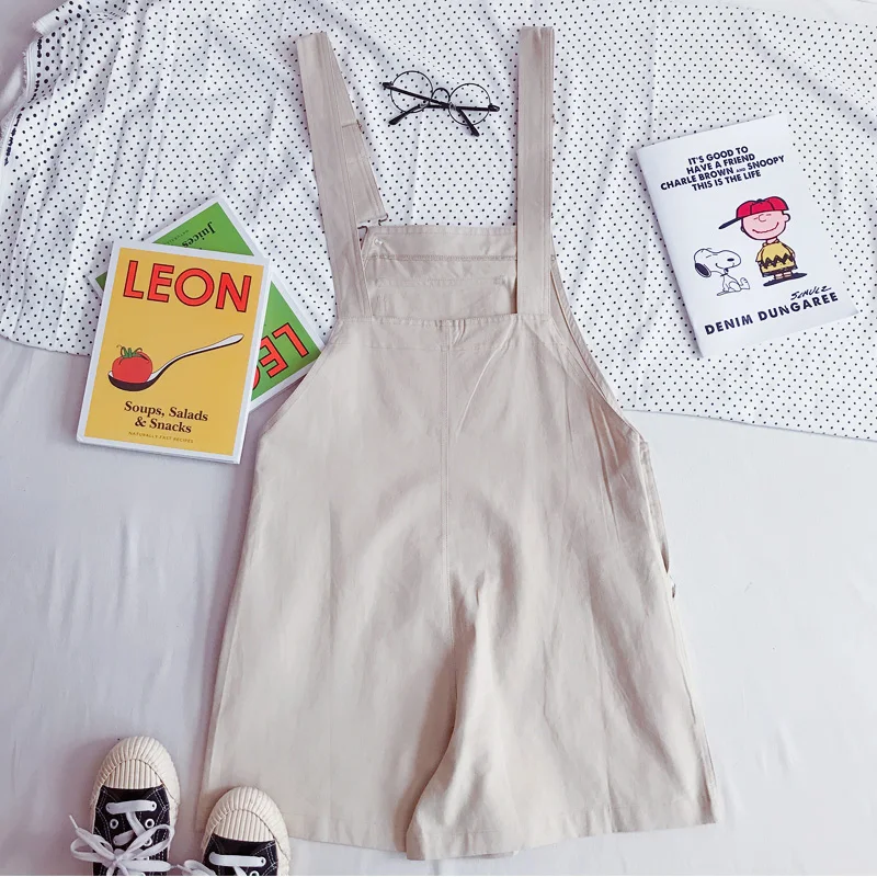 Summer New Kawaii Playful Cartoon Embroidery Khaki Strap Shorts For Women Ladies Overalls Cotton