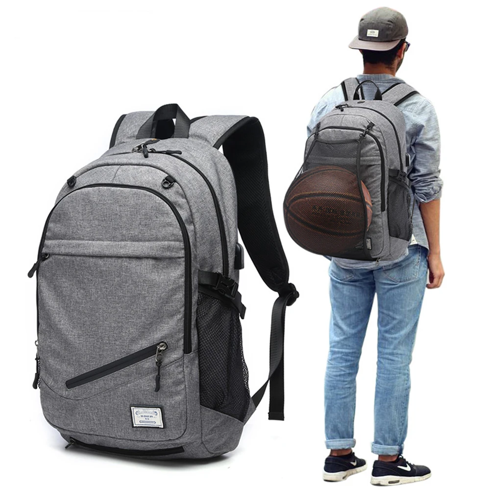 2018 Multifunction USB charging Sport Backpack With Football Basketball net School Bag For Teenager Male Soccer Ball Pack Bag