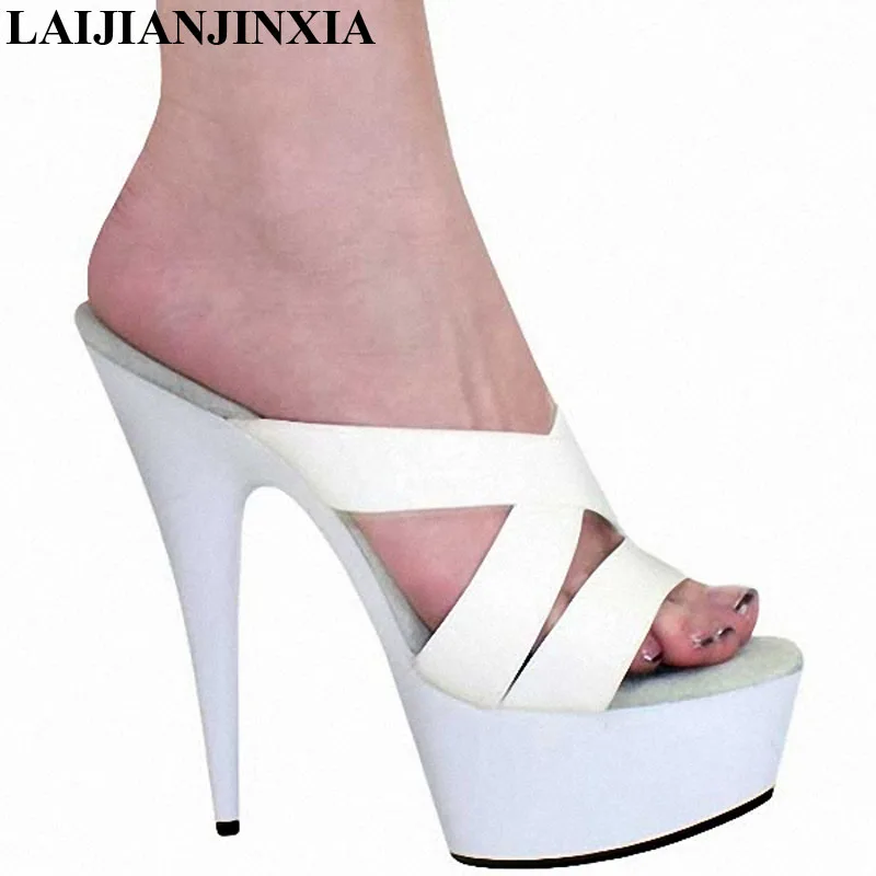 

LAIJIANJINXIA/Новые босоножки на высоком каблуке 6 дюймов модные черные женские модельные туфли из лакированной кожи пикантные шлепанцы пикантная красная обувь 15 см